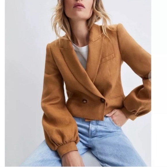 VERONICA BEARD | Milani Cropped Linen Blazer Jacket Camel Tan Size 8 - Picture 4 of 13